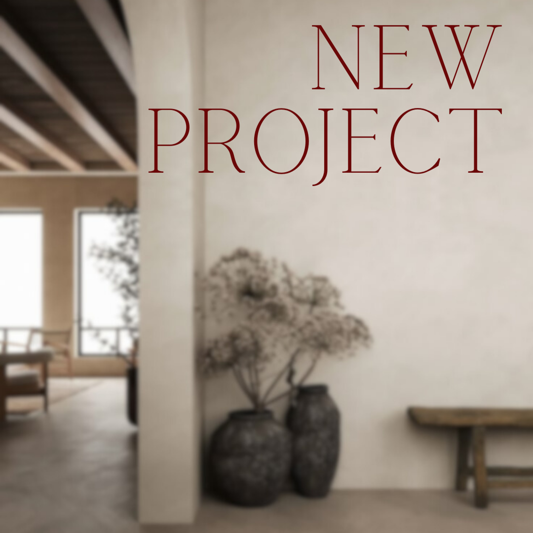 Interior of a modern home with minimalist decor, featuring two large vases with dried flowers, wooden ceiling beams, a window, and a wooden bench, with the text 'New Project' overlayed.