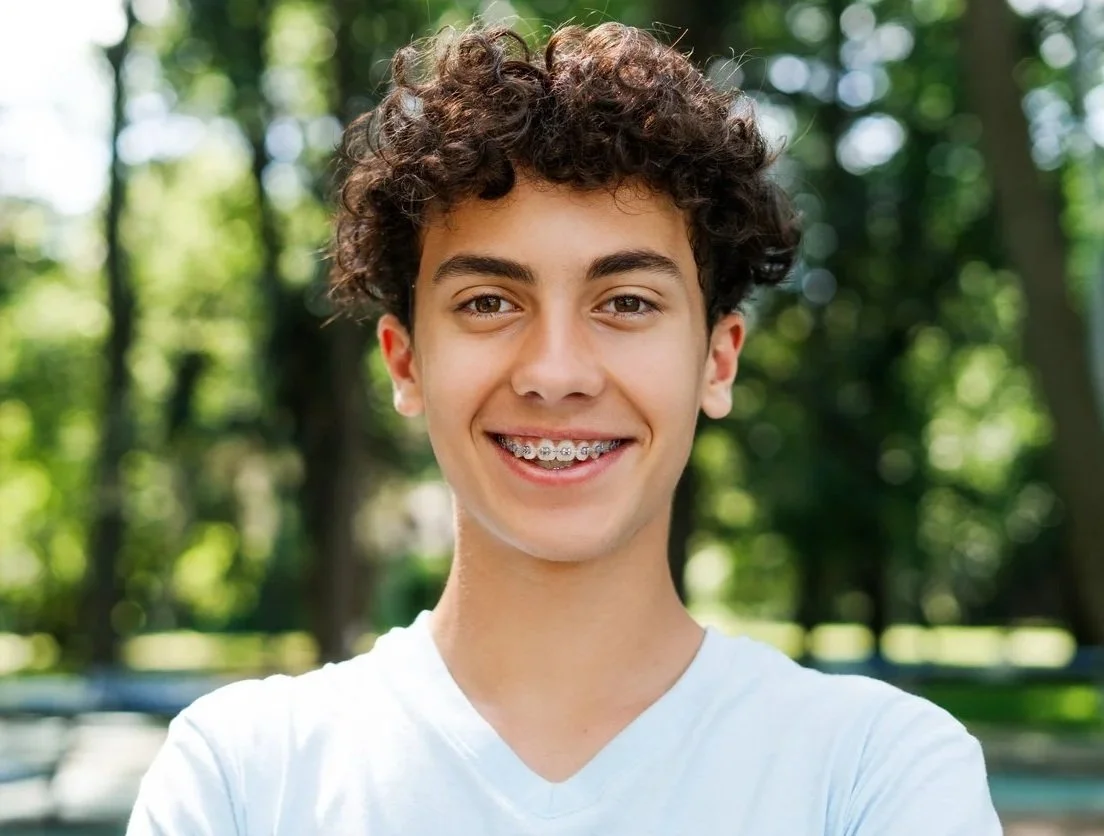 A young person with dark curly hair smiling at the camera, wearing braces and a white t-shirt, outdoors with blurred green trees in the background.