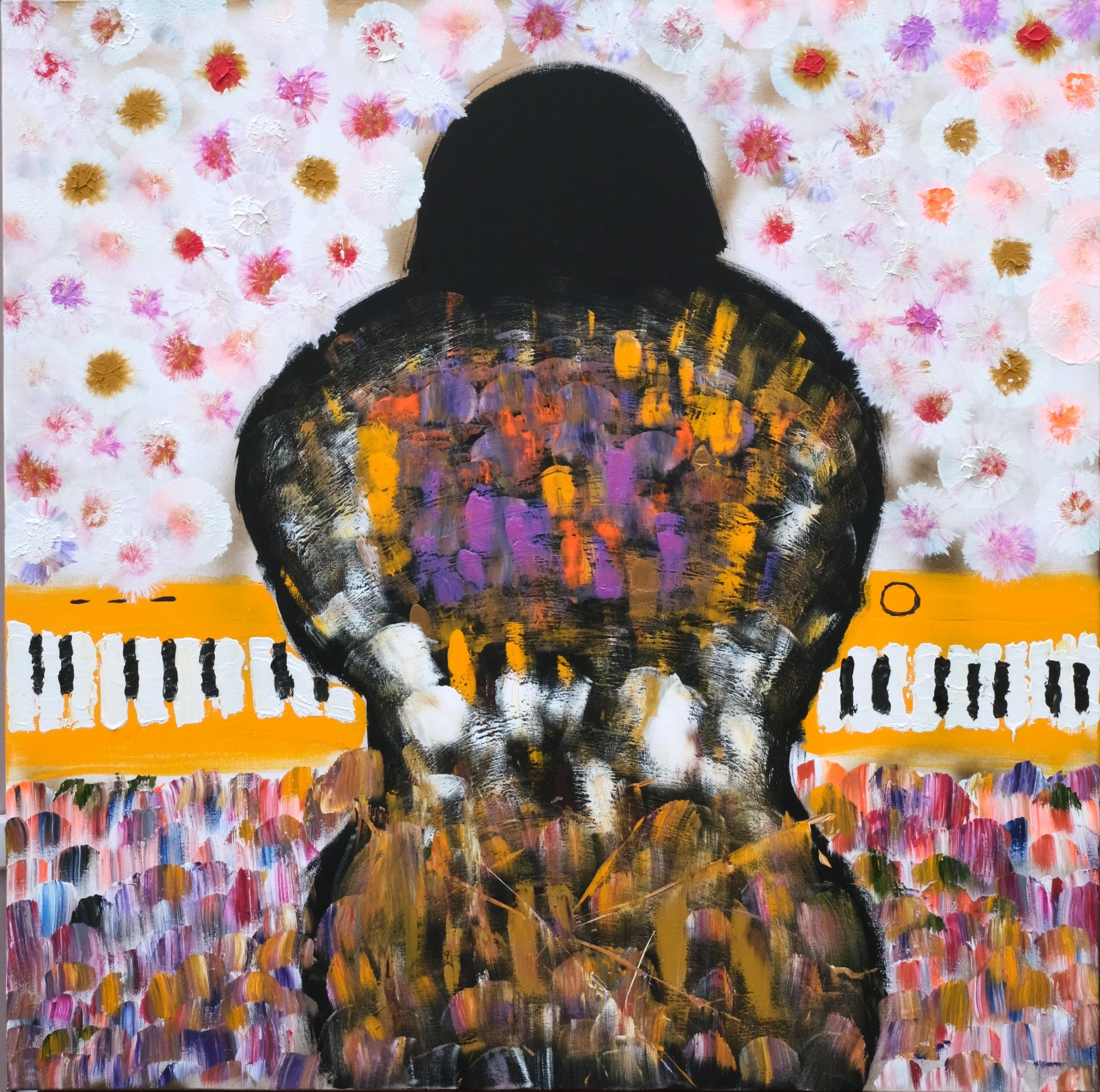 Luna - Original acrylic painting by Welsh artist, abstract portrait with colorful flowers, piano keys, and emotional depth. Contemporary art for sale UK