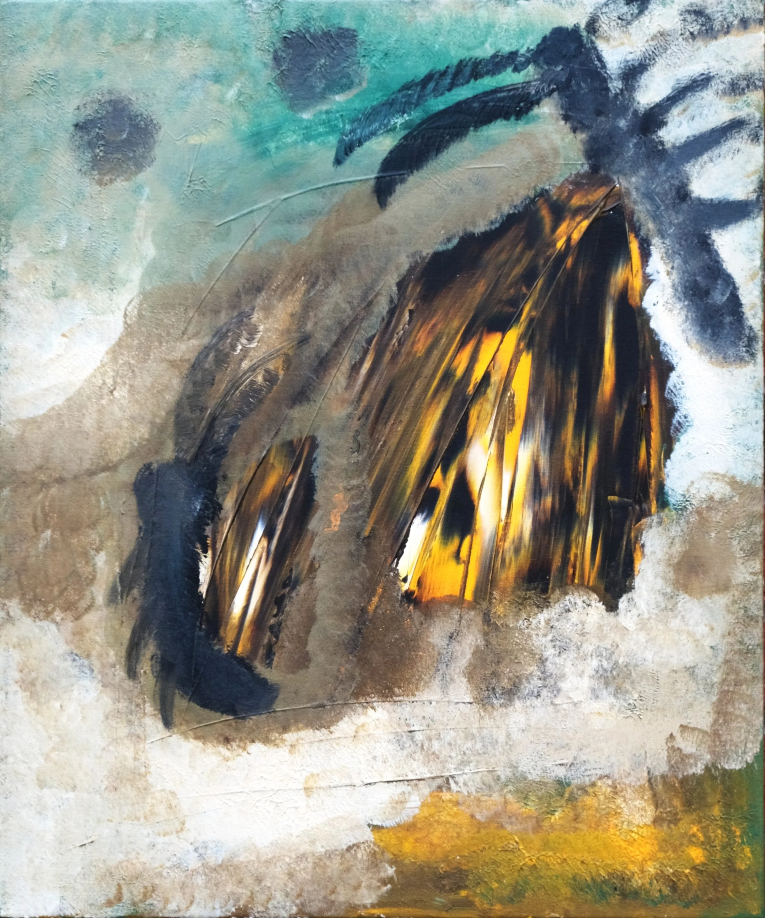 Space and time - Large original acrylic painting 65x90cm, decade-long artwork with earthy tones, black and gold strokes. Emotional contemporary art Wales UK