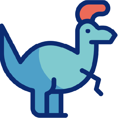 Cartoon illustration of a blue dinosaur with a red crest on its head.