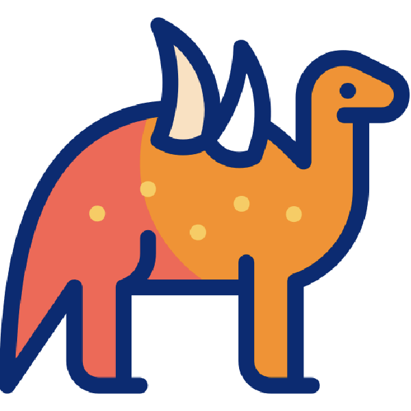A cartoon illustration of a dinosaur with orange and pink body, white horns, and simple dot details.