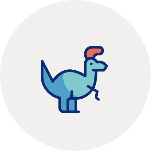 A cartoon dinosaur with a red crest on its head and a small tail, outlined in blue with a light blue body.