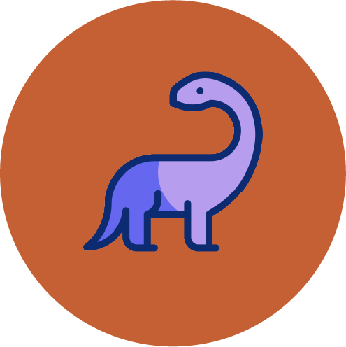 A cartoon dinosaur illustration with a purple body and a dark outline on a brown circular background.