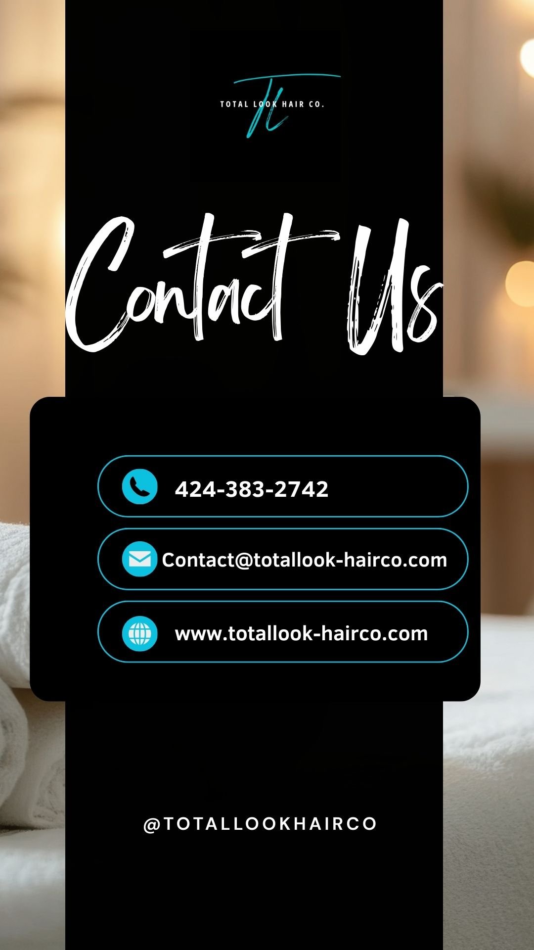 Business card for Total Look Hair Co. with contact information including phone number, email, and website.