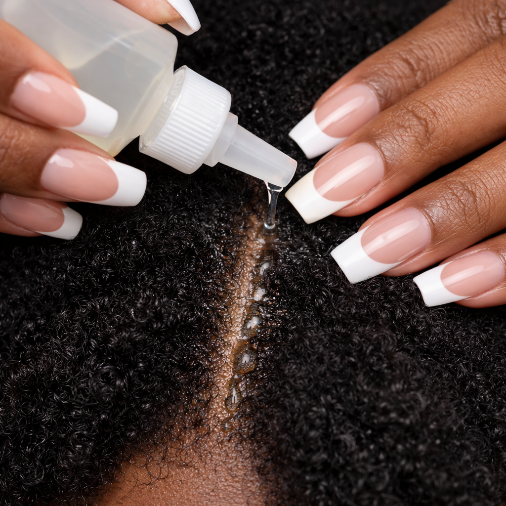 Close-up of hands applying oil to a person's scalp with curly black hair, using a squeeze bottle with a nozzle.
