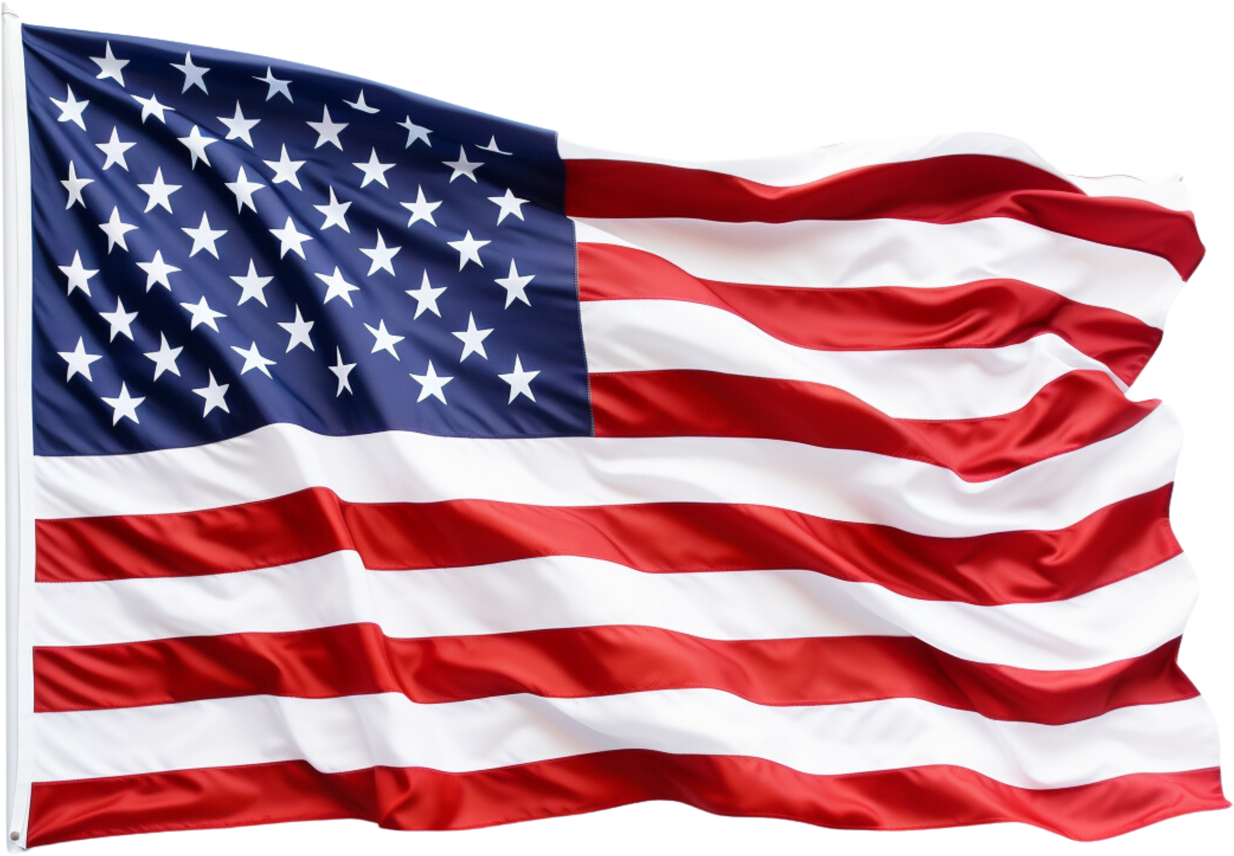 Bandeira dos Estados Unidos com estrelas brancas em um campo azul no canto superior esquerdo, listras vermelhas e brancas alternadas ao longo do restante da bandeira, agitándose ao vento.