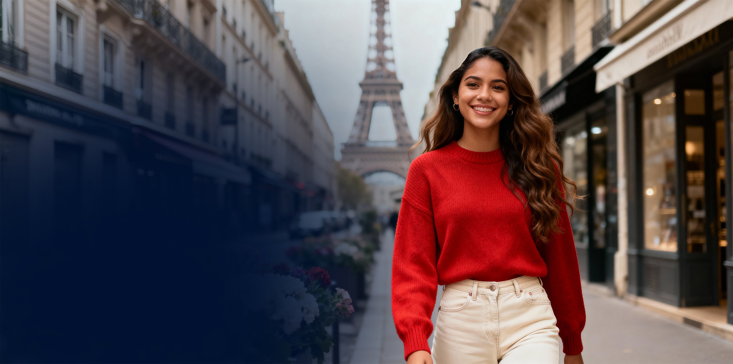 Jovem mulher sorridente caminhando na rua em Paris, com a Torre Eiffel ao fundo, usando suéter vermelho e calças claras.