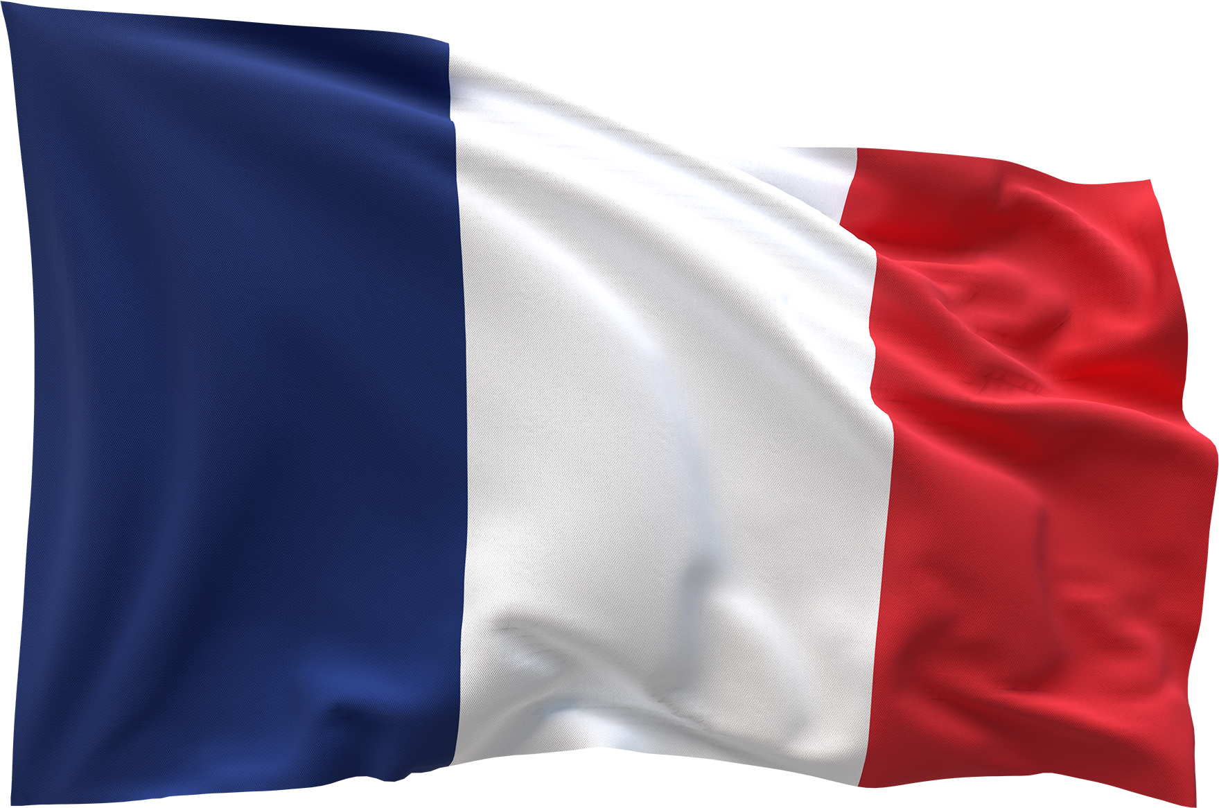 bandeira da França com faixas azul, branca e vermelha, ondulando ao vento.