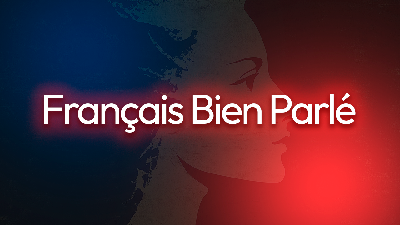 Imagem com o texto 'Français Bien Parlè', mostrando um perfil de uma mulher com sombras e cores vermelha e azul ao fundo.