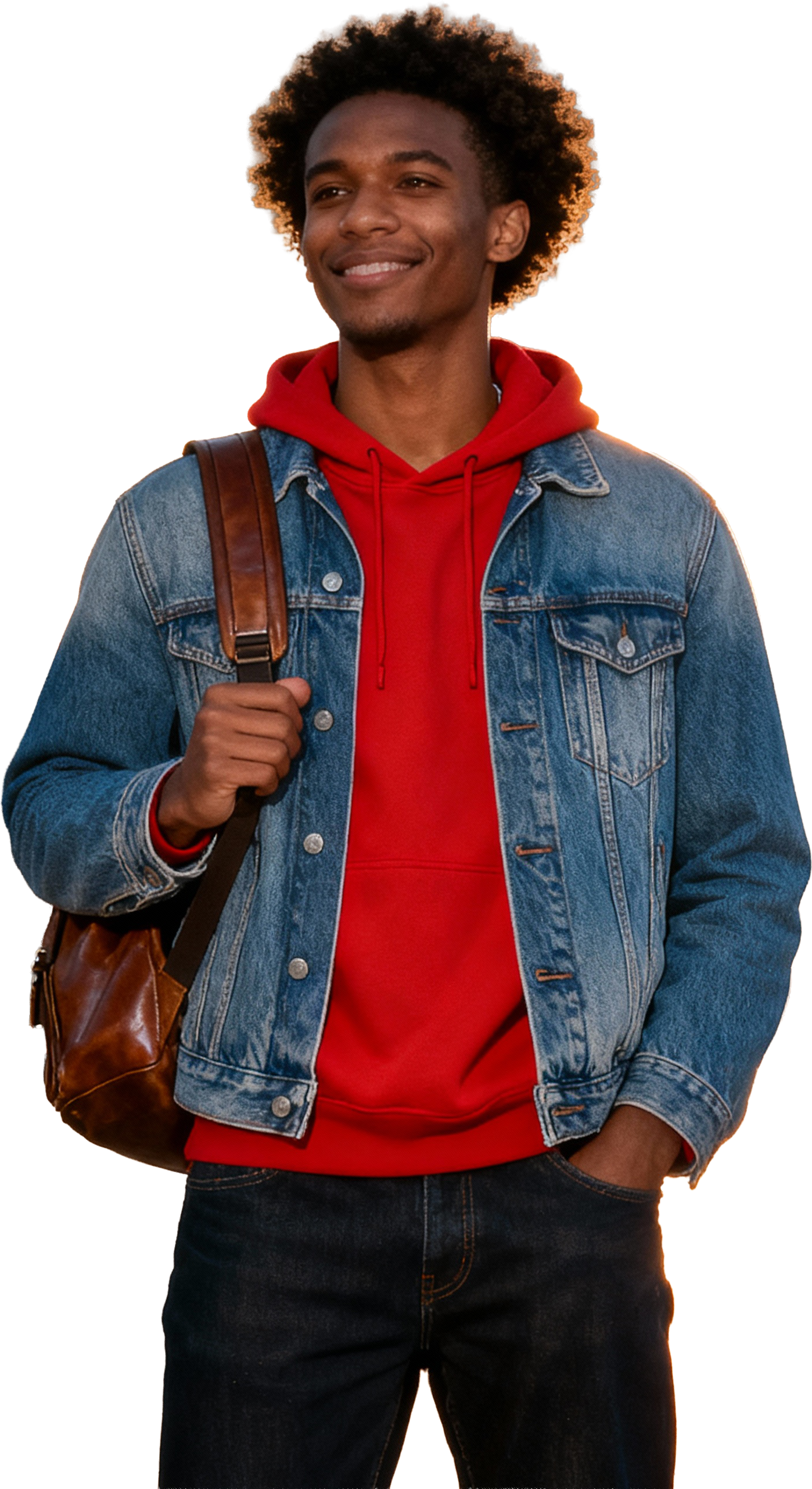Jovem sorridente com cabelo afro, vestindo jaqueta jeans, moletom vermelho com capuz, carregando mochila marrom