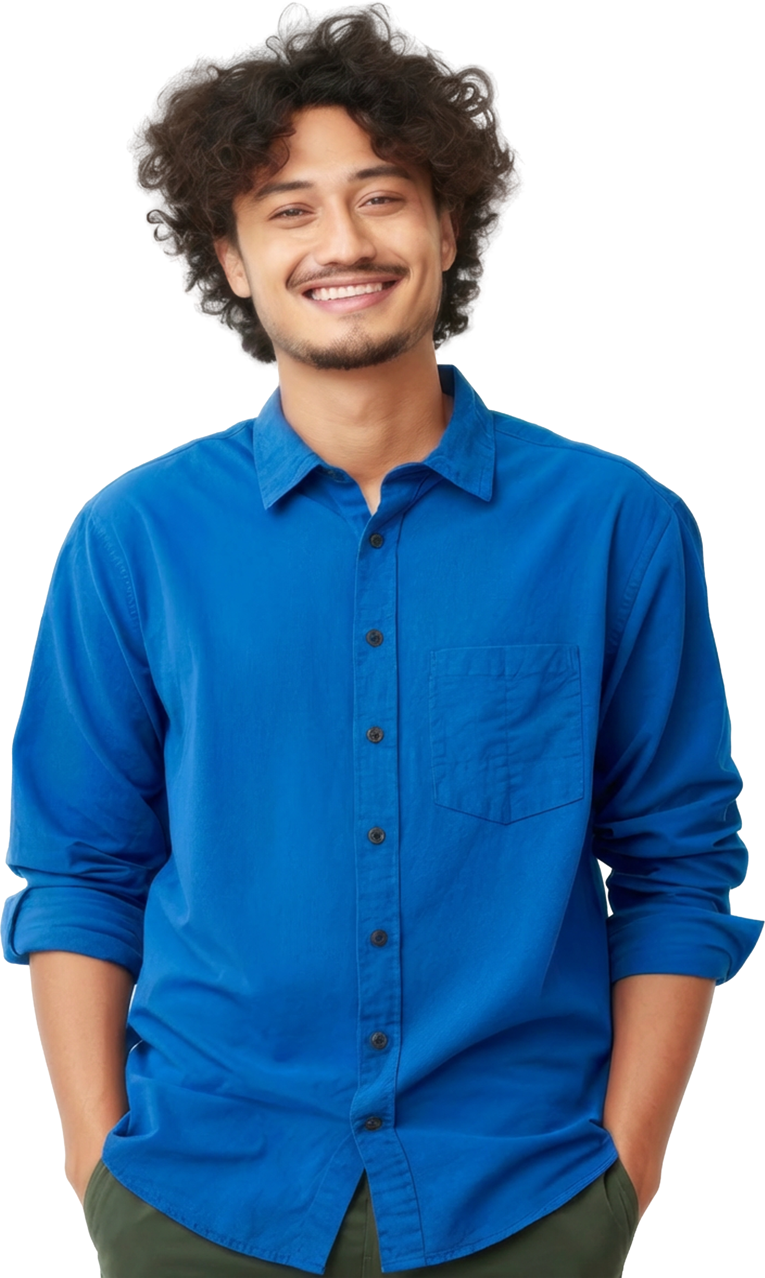 Homem sorridente com cabelo crespo, usando camisa azul de manga comprida, com as mãos nos bolsos.