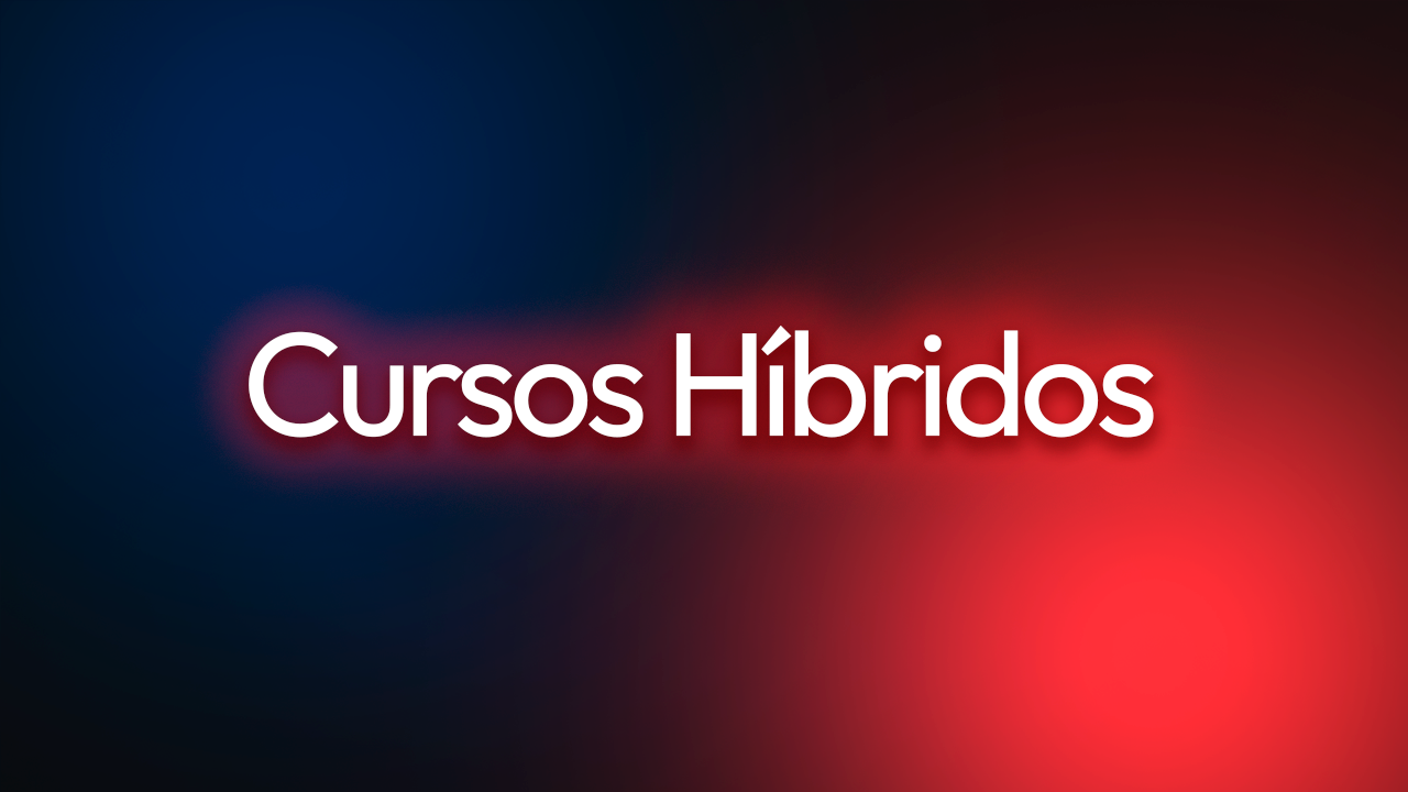 Texto 'Cursos Híbridos' em fundo com cores azul e vermelho difusas.