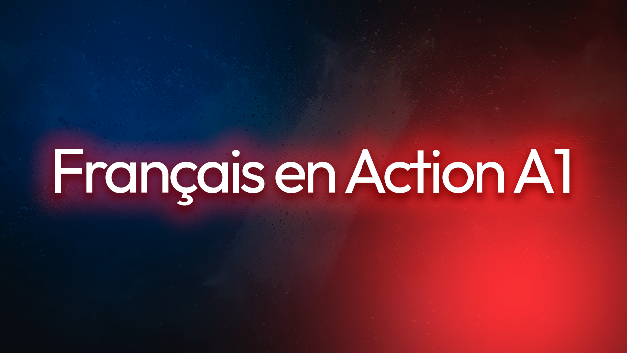 Texto em destaque: 'Francês en Action A1' sobre um fundo azul e vermelho com efeito de spray ou granulado.