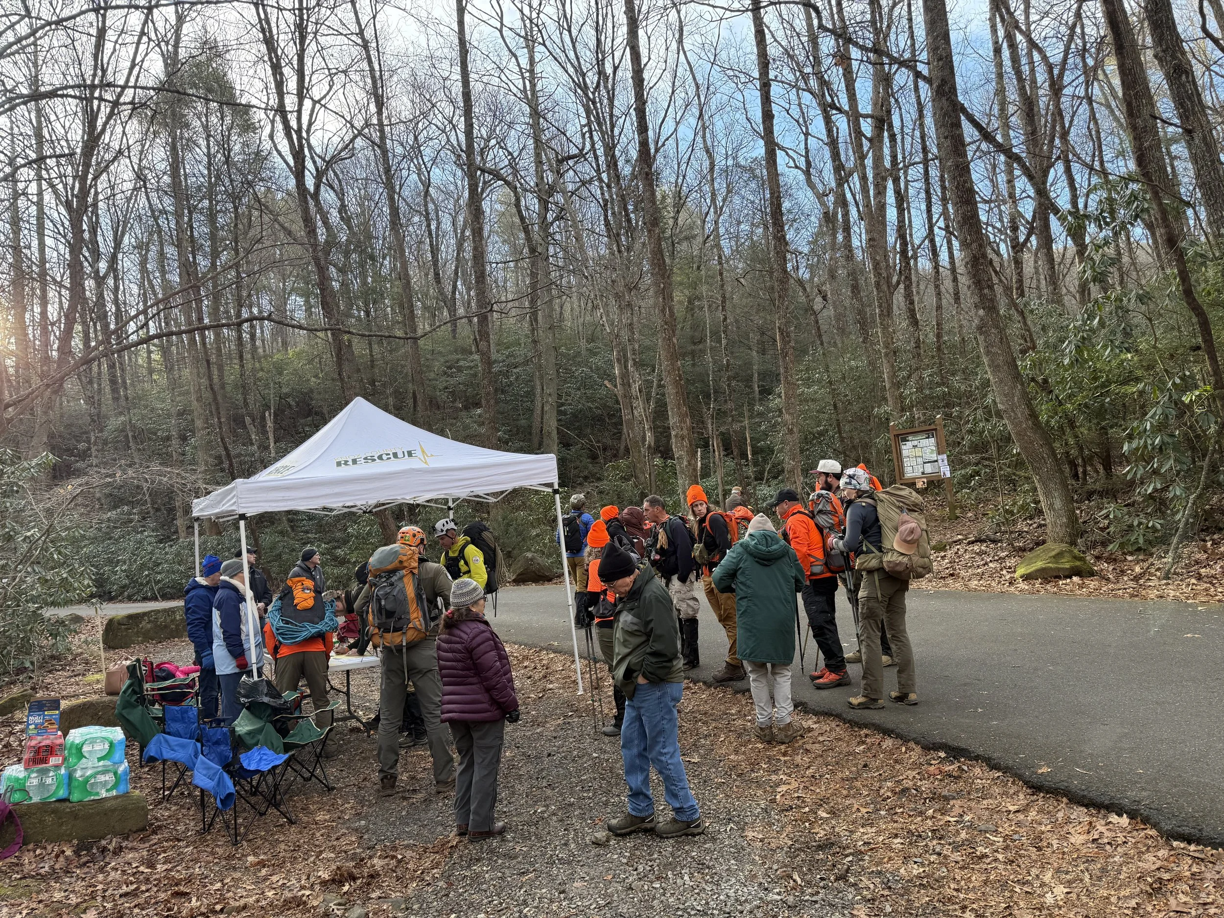 A Group of Searchers at Trailhead Check-in at the Byron Herbert Reece trailhead in Support of the Initiative Bring Charles Home of the Holidays 2025