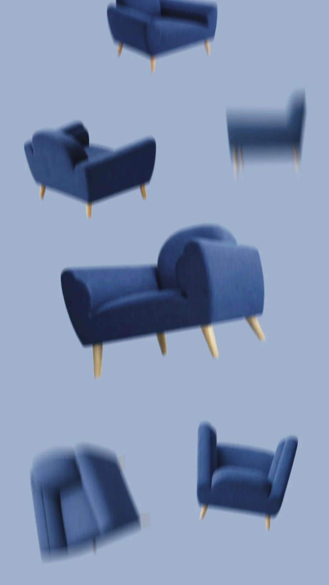 Multiple blue armchairs and falling against a light blue background.