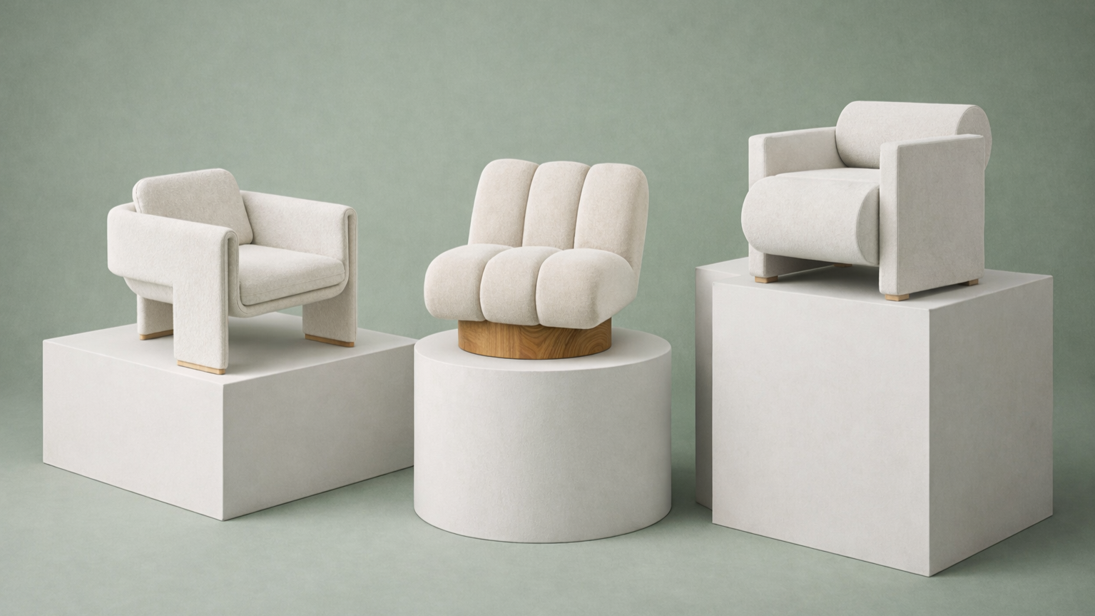 stylish bespoke modern armchairs sit on plinths against a light green background