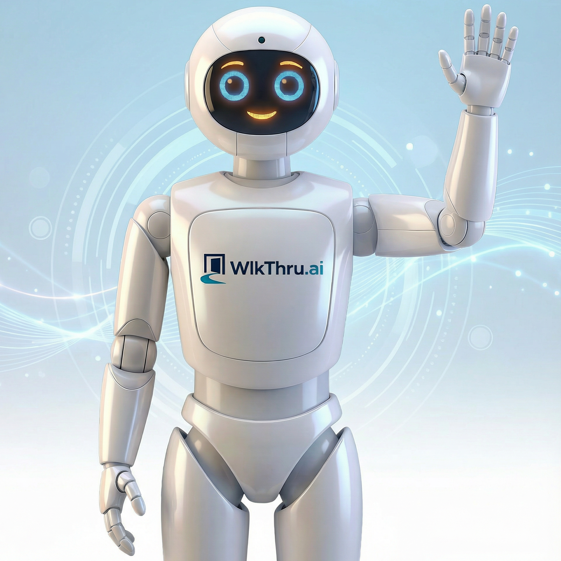 A friendly white robot waving with a digital face displaying eyes and a smile, standing against a light blue digital background with swirling patterns. The robot has a logo on its chest that reads WizThru.ai.