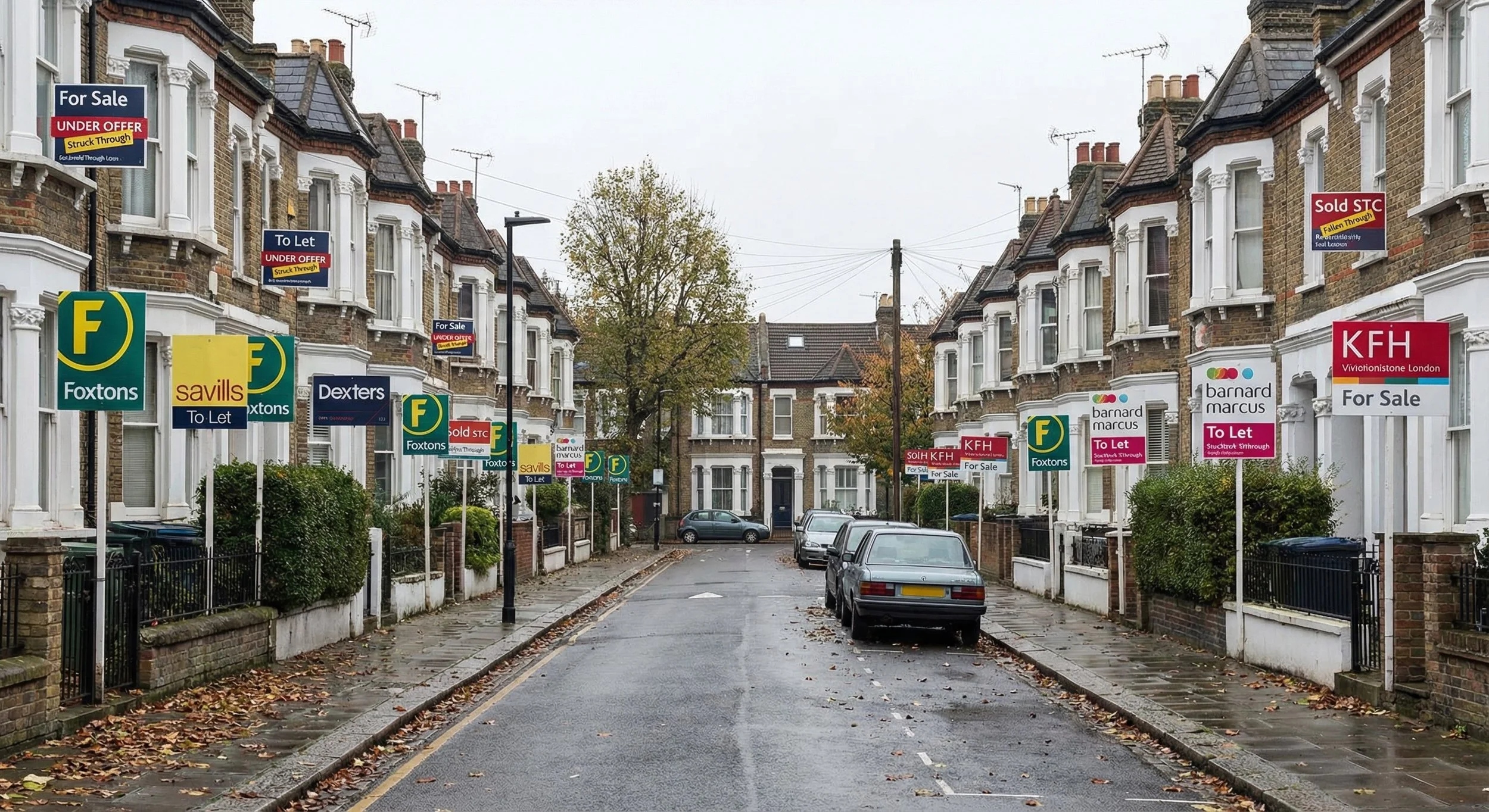 A residential street in London with multiple houses on both sides, lined with real estate signs for sale, to let, and sold, along with parking cars and trees in the background.