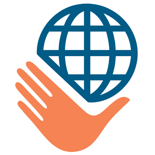 An illustration of a hand holding a globe, symbolizing global care or support.