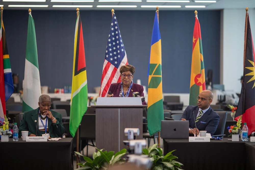 A leader speaks from the lectern in front of national flags