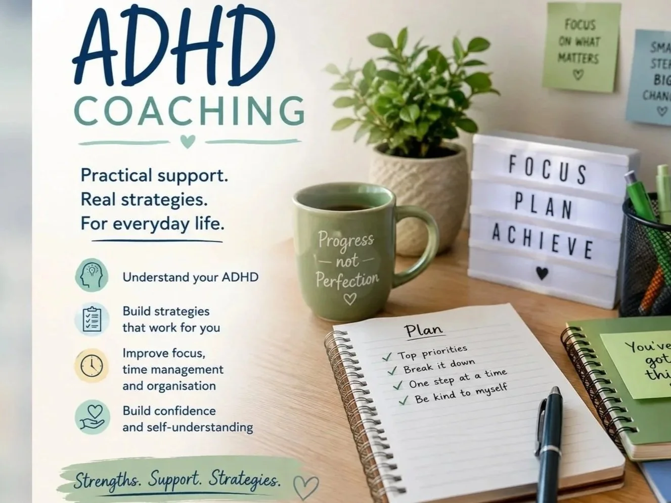 Photo of ADHD coaching materials including a coffee mug with the text "Progress not Perfection", a green potted plant, a lightbox with "FOCUS PLAN ACHIEVE" arranged vertically, a notepad with a to-do list titled "Plan" that includes items like "Top priorities" and "Break it down", and various notes and pens on a table.