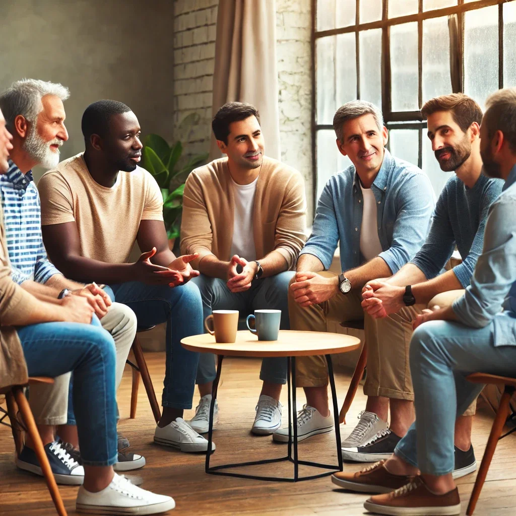 A diverse group of seven men sitting in a circle in a cozy, well-lit room, engaging in a discussion near a window with sunlight streaming in, with coffee mugs on a small table in the center.