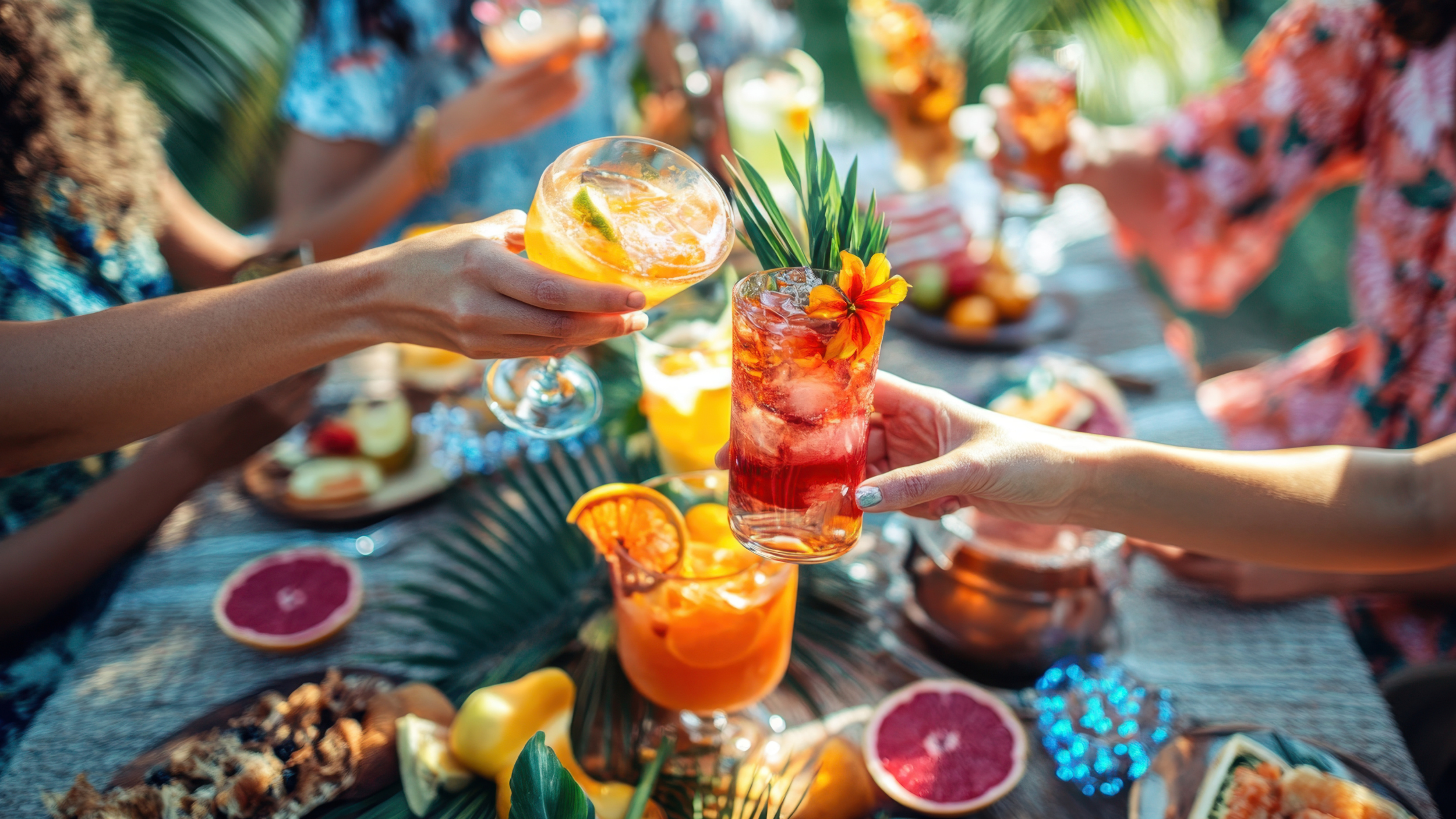 People raising colorful tropical cocktails with garnishes at a festive outdoor gathering.