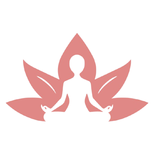 Silhouette of a person meditating in a lotus position with a pink lotus flower behind them, on a black background.
