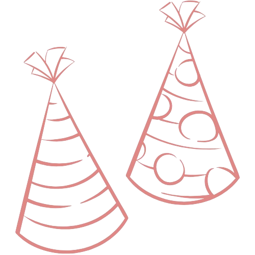 Two pink party hats with circular and curved line patterns.