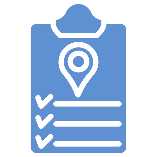 Icon of a clipboard with a checklist and location pin
