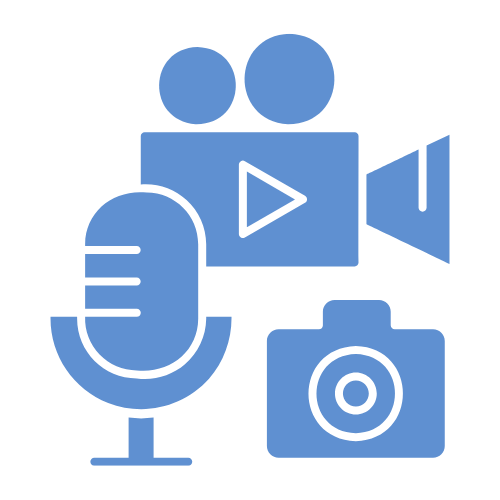 Icon set representing media production, including a microphone, camera, video player, and playback button.