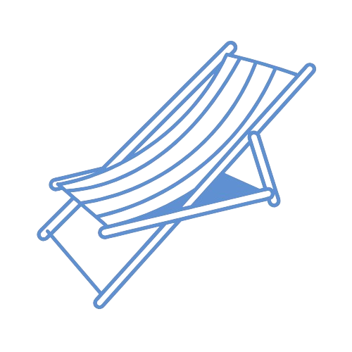 Outline drawing of a blue folding beach chair on a black background.