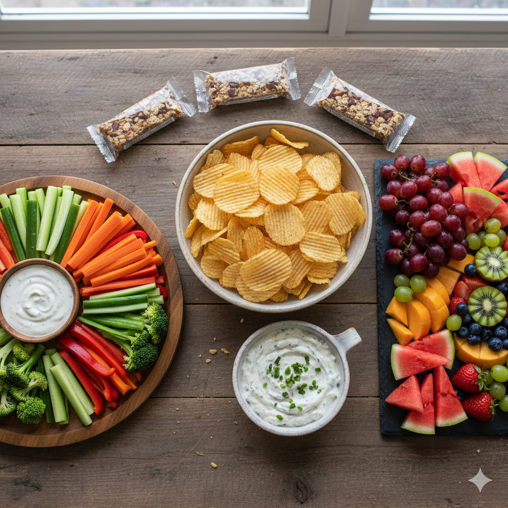 Vegetable platter with celery, carrots, broccoli, and dip; fruit platter with red and green grapes, watermelon, cantaloupe, blueberries, strawberries, and kiwi; bowl of potato chips; three granola bars.