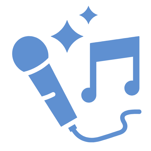 Icon of a microphone with musical notes and stars.