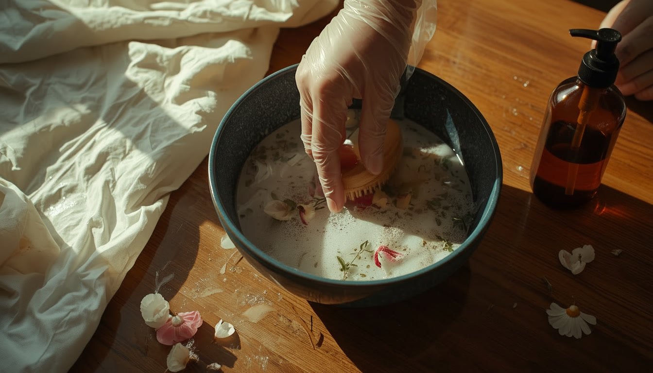 Händer i plasthandske skurar en pelargonplanta i en skål med vatten på ett träbord, omgiven av blomblad och en blå etikett. En brun pumpflaska står bredvid.