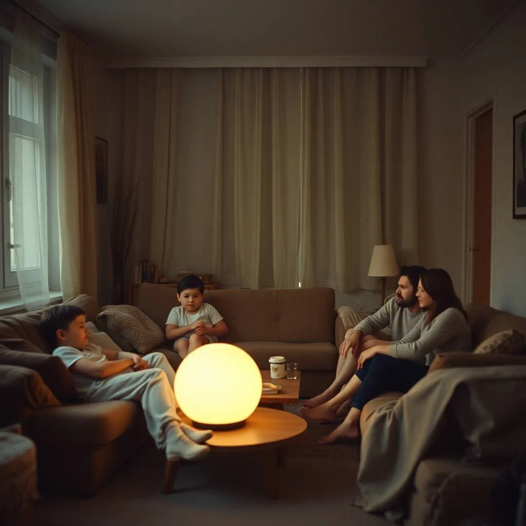 Natural earth tones, soft cinematic haze, candid street photography of a family resting and hanging out in a Scandinavian apartment living room at night, with one large lamp in the center, soft focus, hazy background, browns, b.jpg