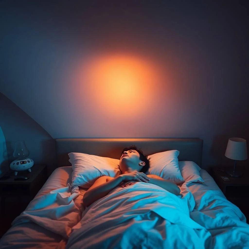 Fine art photography, unusual perspective, soft pastel colors, warm, slight dark tones, lens glow, epic modern future scene, person resting in bed, looking at ceiling, soft lamp, heroic elements, Associated Press style, editori.jpg