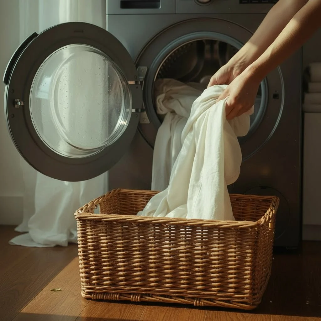 En person som häller tvätt i en tvättmaskin med en basket framför.