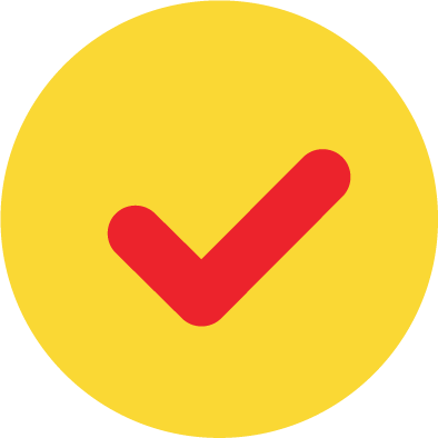 Yellow circular background with a red check mark in the center.