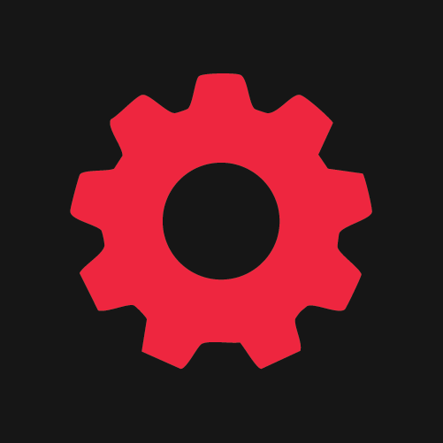 Red gear icon on black background.
