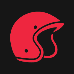 Red helmet icon on a black background.