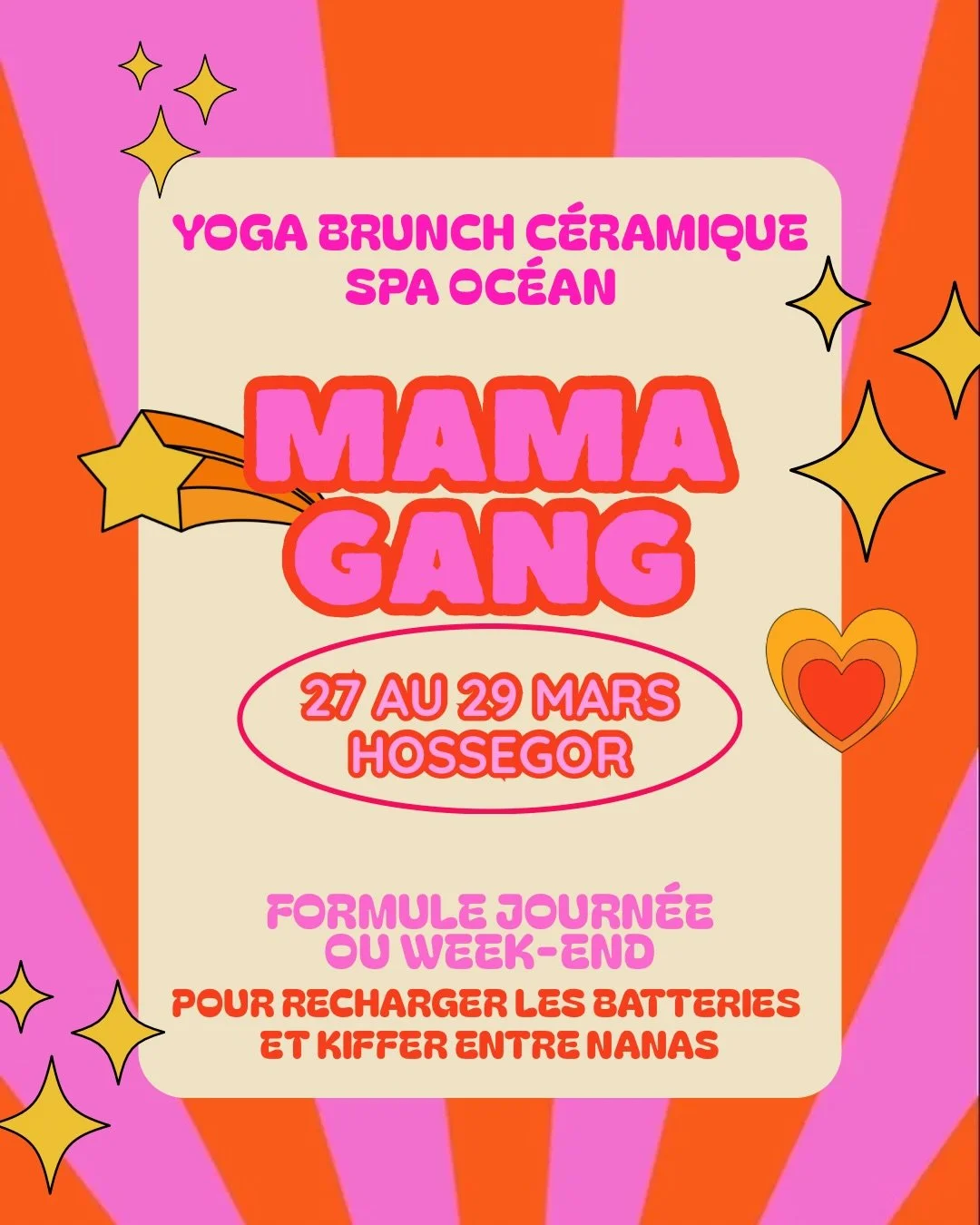 🩷🧡 MAMA GANG 🧡🩷
Journ&eacute;es entre filles 🌞

⚠️ J&rsquo;ai cr&eacute;&eacute; la journ&eacute;e parfaite pour faire une pause dans le tourbillon du quotidien 🥳

Une journ&eacute;e pour :
bouger ton corps ✨
bruncher entre nanas 🌸
marcher &ag