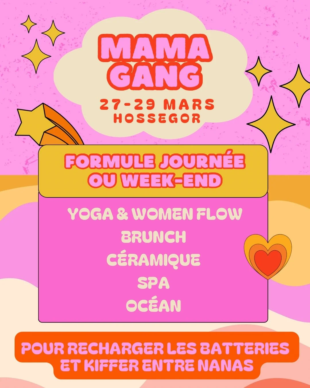 ⚡️ NE RATE PAS CE WEEK-END DE FOLIE ENTRE FILLES ⚡️ 

Le Mama Gang Day arrive 🔥 

Un week-end ressour&ccedil;ant &amp; transformateur 
en version fun &amp; puissant 💖

✨ Woman Flow 
✨ Spa 
✨ Caf&eacute; c&eacute;ramique 
✨ Resto entre filles 
✨ Mar