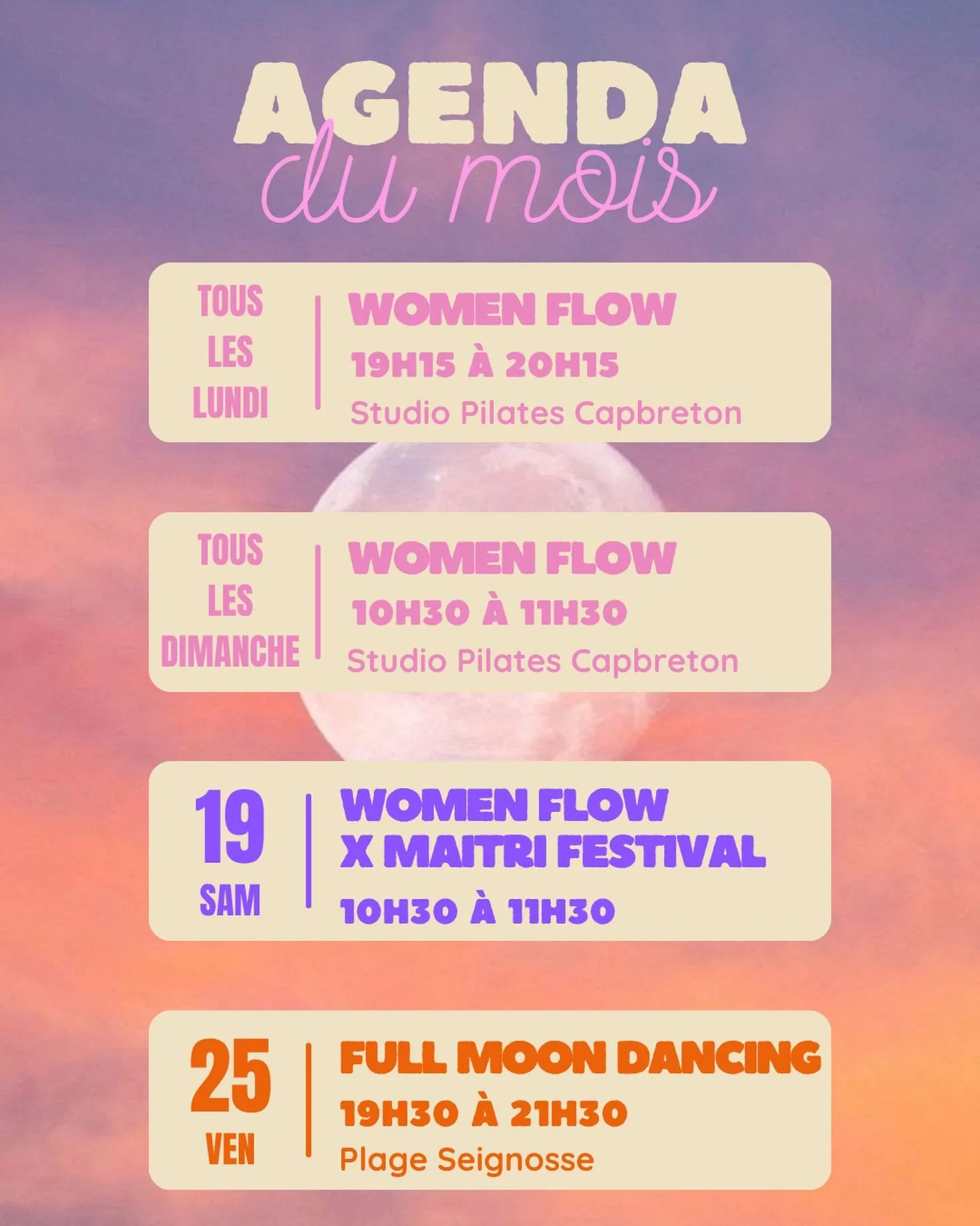 ✨ AGENDA DE SEPTEMBRE ✨

Retrouve-moi tout au long du mois pour danser, bouger et kiffer ensemble 🩷

🐆 Tous les lundis
Women Flow &bull; 19h15 &ndash; 20h15
📍 @studiopilatescapbreton 

🐆 Tous les dimanches
Women Flow &bull; 10h30 &ndash; 11h30
📍