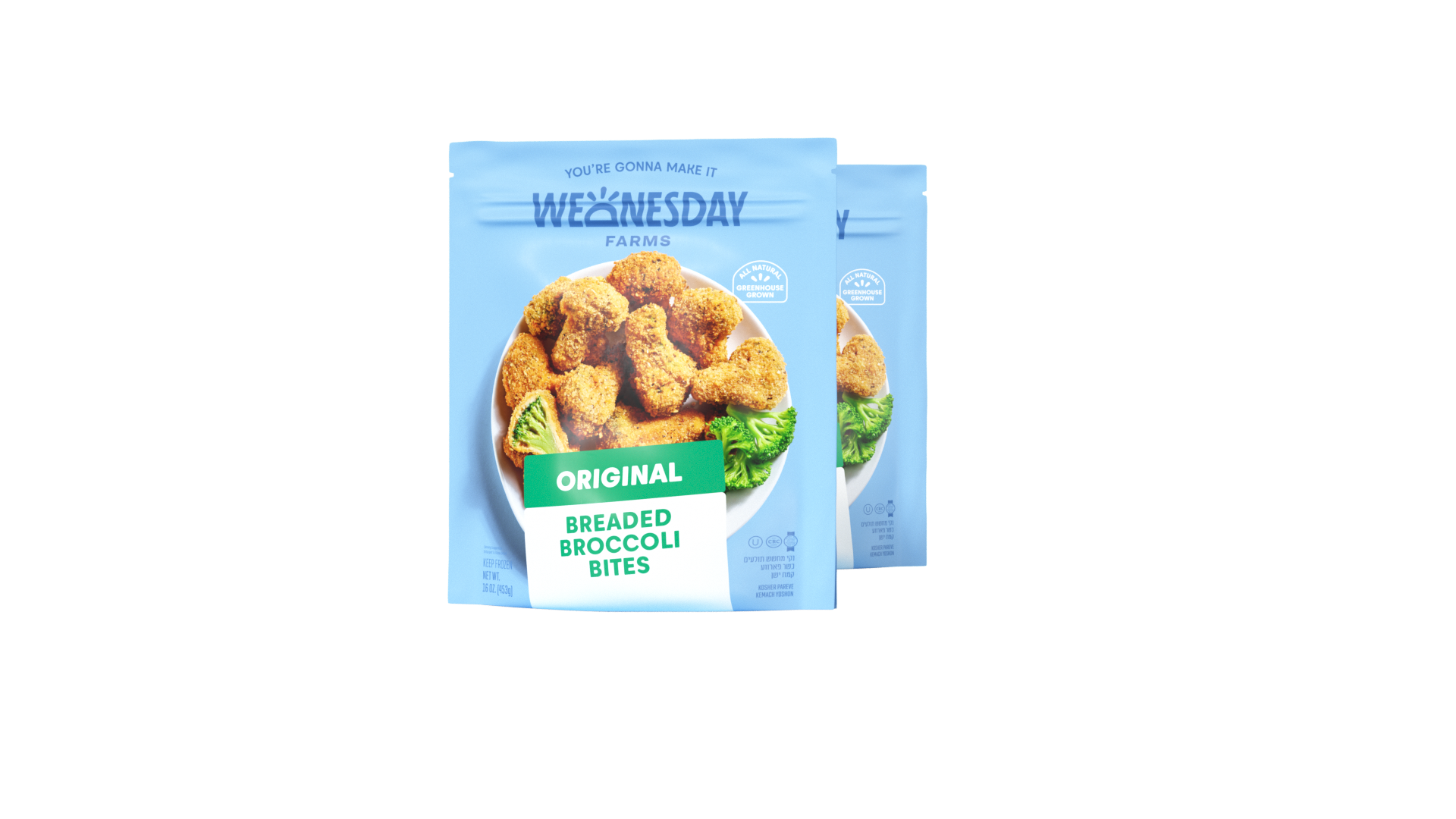 Package of Wednesday Farms Original Breaded Broccoli Bites with a bowl of breaded broccoli florets on the front.