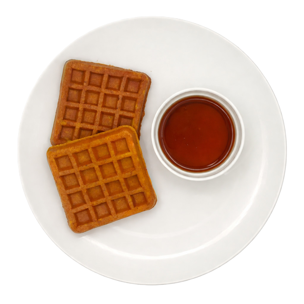 Two golden-brown waffles on a white plate with a small white cup of syrup.