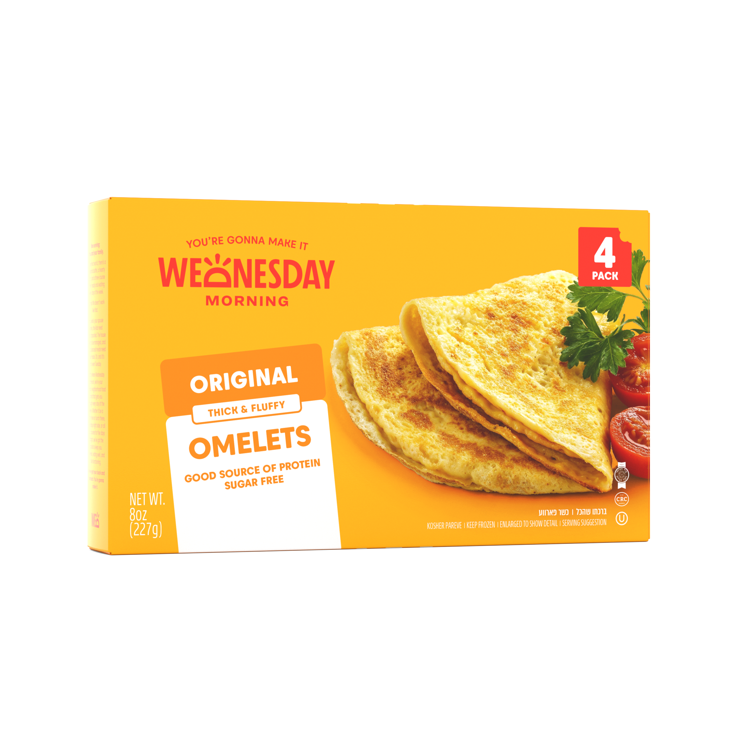 Box of Wednesday morning original thick and fluffy omelets, 8 ounces, four-pack, with a picture of cooked omelet folded and garnished with parsley and cherry tomatoes.