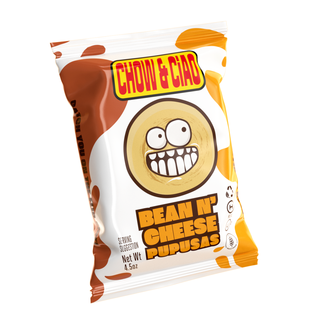 Bag of Chow & Chao Bean N' Cheese Pupusas with cartoon face, chocolate, white and orange design, and blue background.
