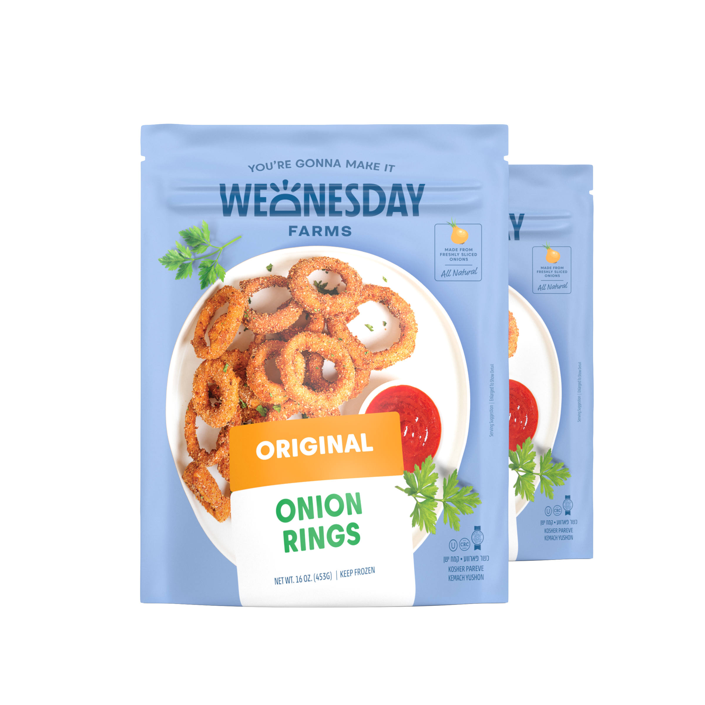 Two blue packages of Wednesday Farms onion rings, featuring a plate of fried onion rings with a side of ketchup and garnished with parsley on the front of each package.